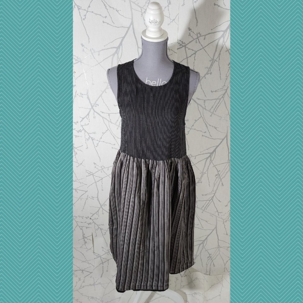 Maiwa Handwoven Black Gray Striped Cotton Fit & Flare Dress